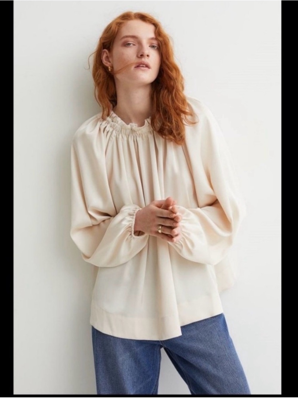 H&M Women’s Cream Tan Blouse with Smocked Neck